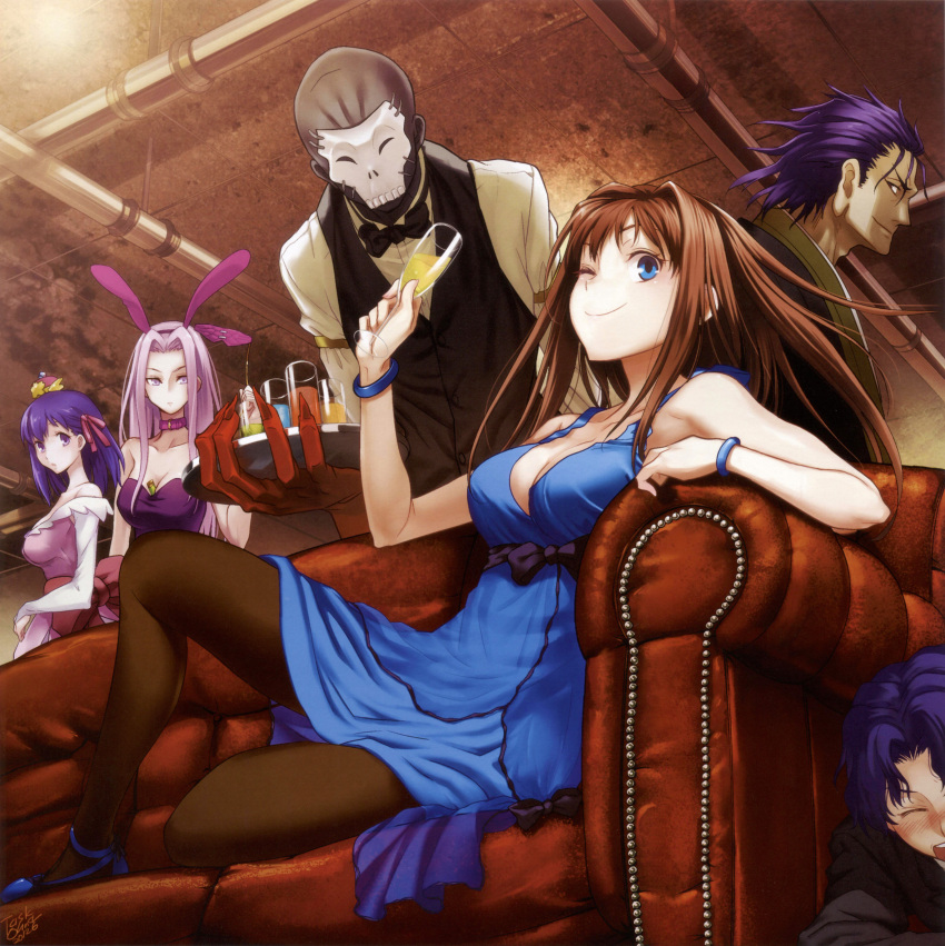 2boys 3girls ;) absurdres alcohol animal_ears aozaki_aoko bare_shoulders between_breasts black_skin blue_eyes bracelet breasts bridal_gauntlets brown_hair butler champagne choker cleavage colored_skin company_connection couch dress drink fate/stay_night fate/tiger_colosseum fate/zero fate_(series) glass gown hair_intakes hassan_of_the_cursed_arm_(fate) hat highres industrial_pipe jewelry large_breasts long_hair mahou_tsukai_no_yoru mask matou_sakura matou_shinji matou_zouken medusa_(fate) medusa_(rider)_(fate) mini_hat multiple_boys multiple_girls official_style one_eye_closed pantyhose photoshop_(medium) purple_eyes purple_hair rabbit_ears reclining short_hair smile task_owner time_paradox type-moon wavy_hair