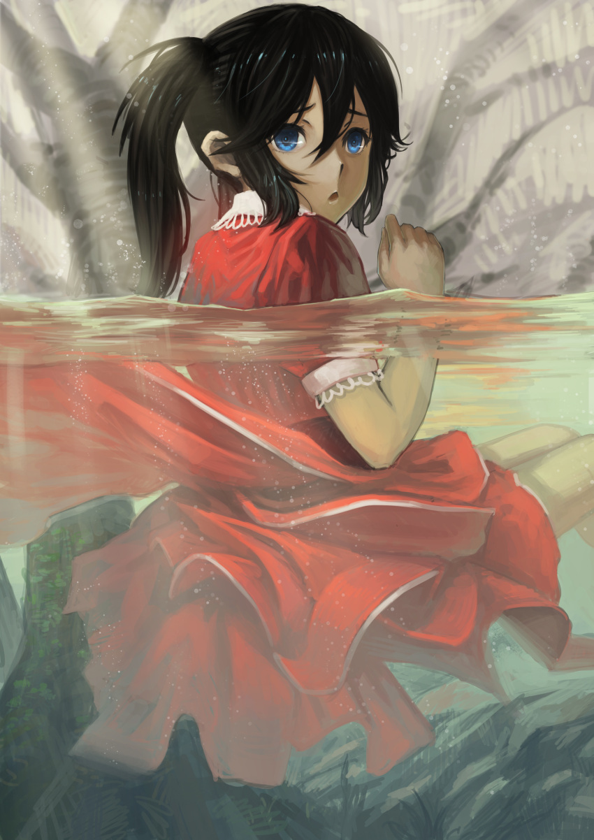 :o absurdres black_hair black_rock_shooter black_rock_shooter_(character) blue_eyes commentary_request dress female highres long_hair partially_submerged photoshop_(medium) shuizhanglang side_ponytail solo water