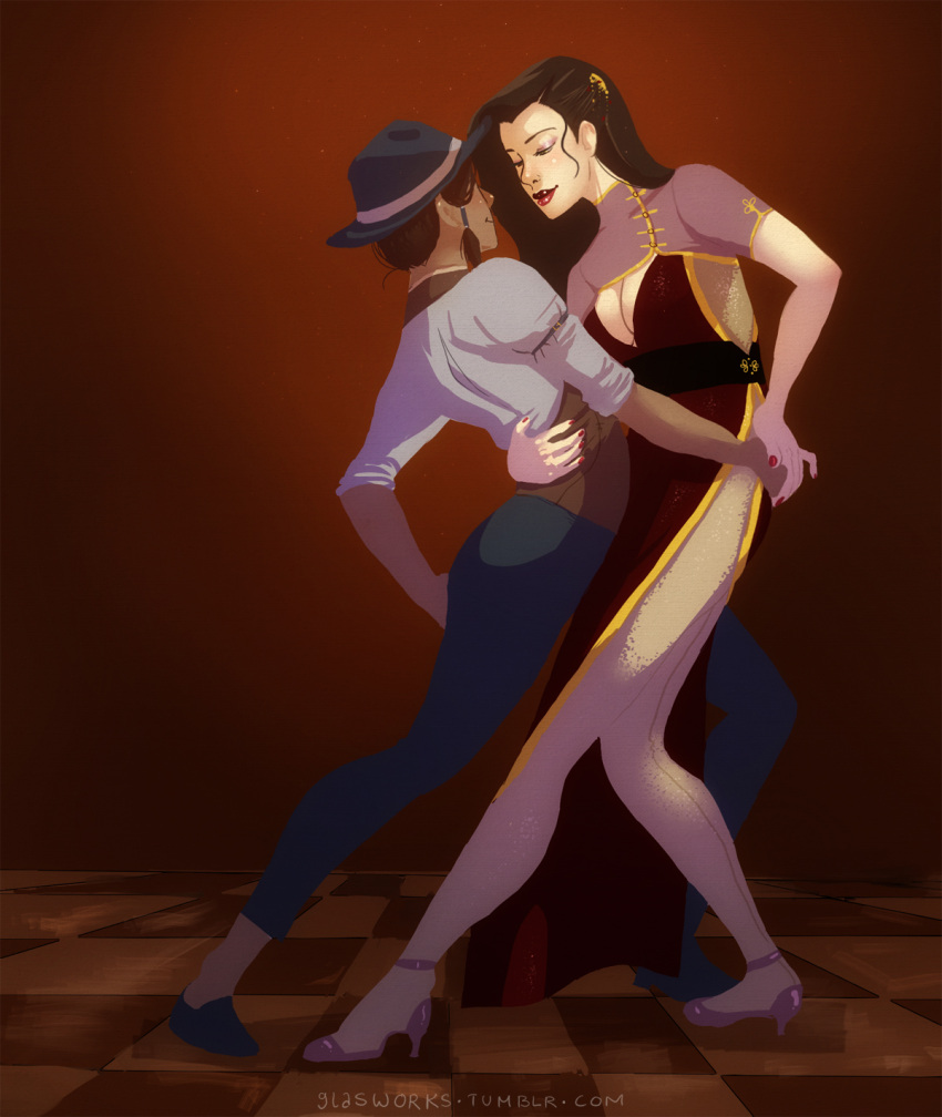 2girls asami_sato avatar_legends bad_link breasts cleavage cleavage_cutout clothing_cutout colored_skin dancing dark-skinned_female dark_skin dress glasworks highres korra large_breasts legs lipstick long_hair makeup multiple_girls photoshop_(medium) tango the_legend_of_korra white_skin yuri