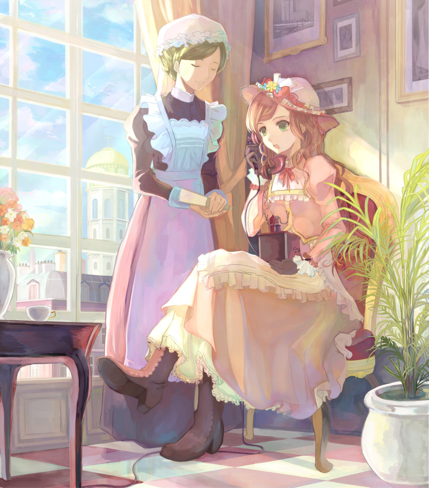 2girls antique_phone blonde_hair building closed_eyes cloud commentary_request corded_phone cup day dress gloves green_eyes hand_fan hat highres kariya_kyou long_hair long_sleeves maid multiple_girls original petticoat phone plant puffy_sleeves rotary_phone short_hair sky smile table teacup vase victorian victorian_maid