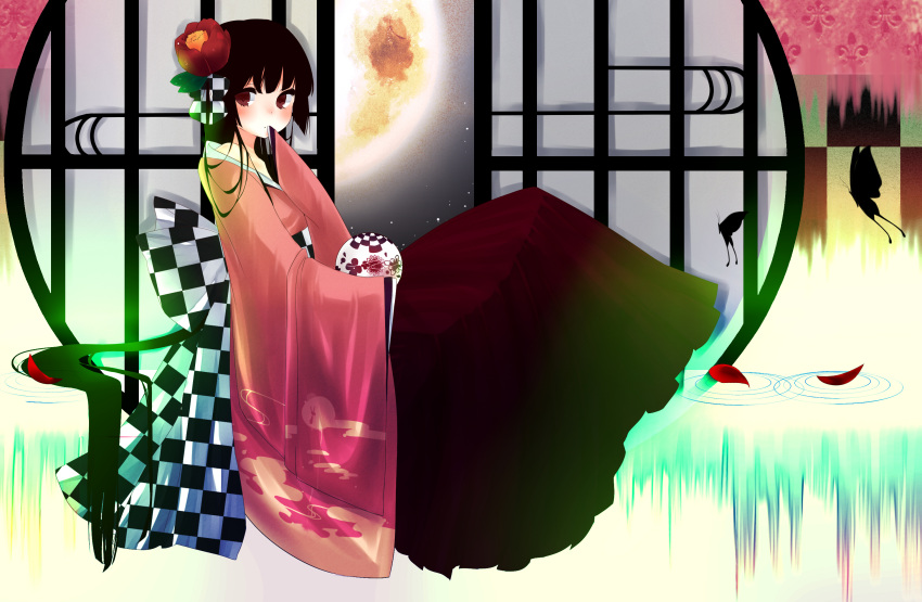 adapted_costume ball banned_artist black_hair bug butterfly camellia checkered flower from_side hair_ornament highres houraisan_kaguya insects japanese_clothes kimono kimono_skirt long_hair long_sleeves moon off_shoulder petals red_eyes ripples sitting solo tamazusa temari_ball touhou very_long_hair wide_sleeves window