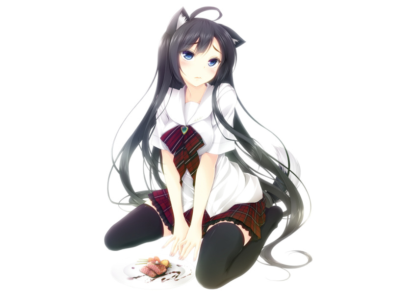 ahoge animal_ears black_hair blue_eyes character_request female food fruit long_hair meal meat no_background school_uniform simple_background sitting skirt source_request tail thighhighs very_long_hair zettai_ryouiki