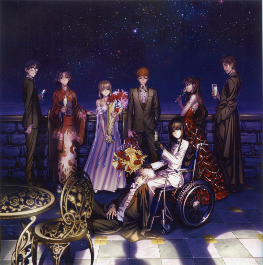 3girls 5boys absurdres ahoge alcohol artoria_pendragon_(fate) bare_shoulders blonde_hair bouquet brown_hair champagne cigarette company_connection creator_connection crossover decoration_disorder_disconnection dress drinking emiya_kiritsugu emiya_shirou fate/stay_night fate_(series) flower formal gloves gown highres hiroe_rei ishizue_arika japanese_clothes kara_no_kyoukai karyou_kaie kimono kokutou_mikiya long_hair multiple_boys multiple_girls otoko_no_ko photoshop_(medium) ryougi_shiki saber_(fate) short_hair sky star_(sky) starry_sky suit tohsaka_rin two_side_up type-moon wheelchair