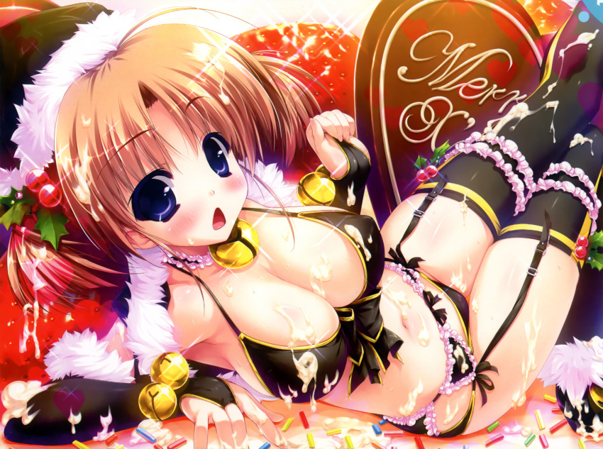 absurdres amatsu_misora_ni! bell bikini black_bikini black_gloves black_thighhighs blue_eyes blush breasts bridal_gauntlets brown_hair chestnut_mouth christmas cleavage cream cropped elbow_gloves female food fruit fur_trim garter_belt glint gloves hair_bobbles hair_ornament hat highres jingle_bell kanzaki_miyu large_breasts lying merry_christmas navel open_mouth oversized_object photoshop_(medium) rotated santa_bikini santa_hat shintarou side-tie_bikini_bottom solo sparkle sprinkles strawberry string_bikini suggestive_fluid swimsuit thigh_gap thighhighs twintails