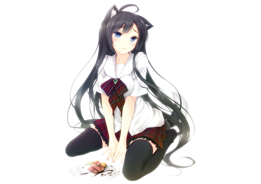 animal_ears black_hair blue_eyes blush catgirl food long_hair luna_lia original seifuku skirt stockings tail thighhighs