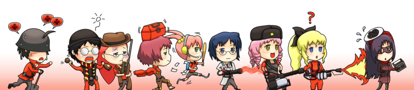 2boys 6+girls :3 :d amputee baseball_bat black_hair blind blonde_hair blue_eyes blue_hair bottle brown_hair crossover flamethrower gatling gatling_gun glasses green_eyes gun hakamichi_shizune hat helmet highres ibarazaki_emi ikezawa_hanako katawa_shoujo long_hair long_image mikado_shiina multiple_boys multiple_girls nakai_hisao no_arms open_mouth orange_hair parody pink_hair red_hair rifle satou_lilly scarf setou_kenji shirakawa_yuuko shovel smile sniper_rifle team_fortress_2 tezuka_rin the_demoman the_engineer the_heavy the_medic the_pyro the_scout the_sniper the_soldier the_spy toolbox weapon wide_image worktool