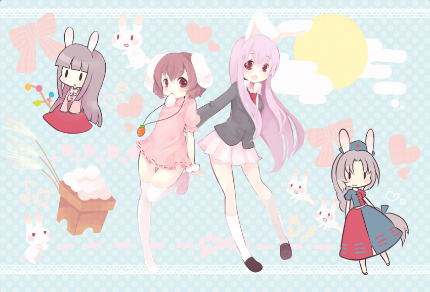 4girls animal_ears black_hair blazer blush braid brown_hair commentary_request dress full_moon grey_hair hat houraisan_kaguya inaba_mob_(touhou) inaba_tewi jacket konatsu_miyu long_hair moon multiple_girls necktie nurse_cap rabbit rabbit_ears red_eyes reisen_udongein_inaba short_hair skirt smile thighhighs touhou very_long_hair white_legwear yagokoro_eirin