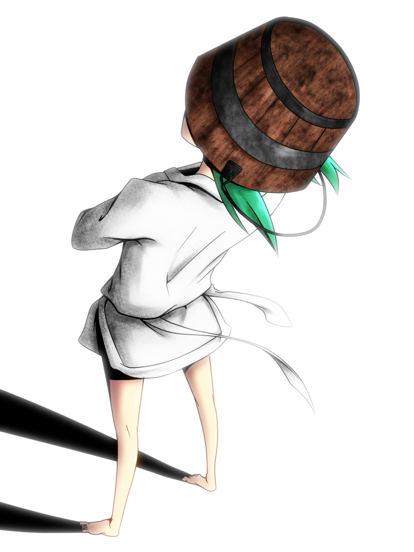 akimikan_(2.5deciliter) bad_id bad_pixiv_id barefoot bucket crossed_arms female full_body green_hair highres in_bucket in_container kisume photoshop_(medium) short_hair simple_background solo standing touhou white_background wooden_bucket