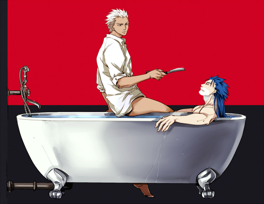 2boys archer_(fate) bathtub commentary_request crimo cu_chulainn_(fate) cu_chulainn_(fate/stay_night) fate/stay_night fate_(series) grey_eyes long_hair male_focus multiple_boys no_pants ponytail razor red_eyes shaving_cream straight_razor tan white_hair