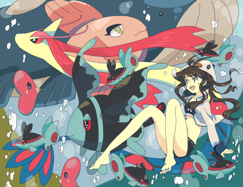 alomomola bubble bubbles finneon hari611 highres lumineon luvdisc milotic open_mouth pokemon pokemon_(game) pokemon_bw smile swimsuit touko_(pokemon) underwater wailord