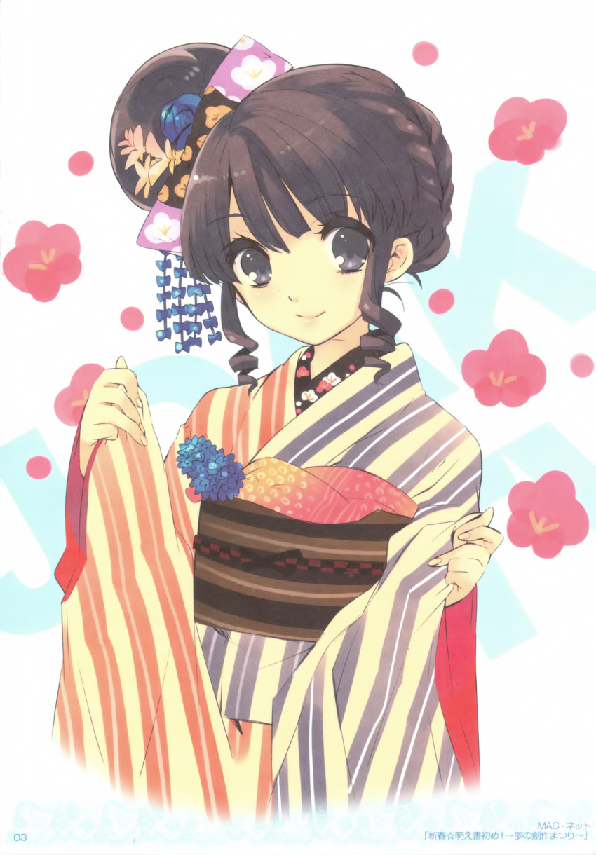 black_eyes brown_hair drill_hair female flower hair_flower hair_ornament highres ito_noizi japanese_clothes kimono looking_at_viewer non-web_source original photoshop_(medium) scan smile solo twin_drills twintails