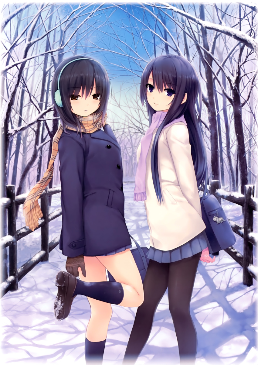 2girls absurdres aoyama_sumika arm_behind_back bag bare_tree black_hair black_legwear blue_eyes brown_gloves closed_mouth coffee-kizoku day earmuffs fringe_trim gloves highres leg_up long_hair long_sleeves looking_at_viewer multiple_girls original outdoors pantyhose parted_lips pink_gloves plaid plaid_scarf pleated_skirt scan scarf school_uniform shiramine_rika short_hair skirt sky smile snow standing tree winter