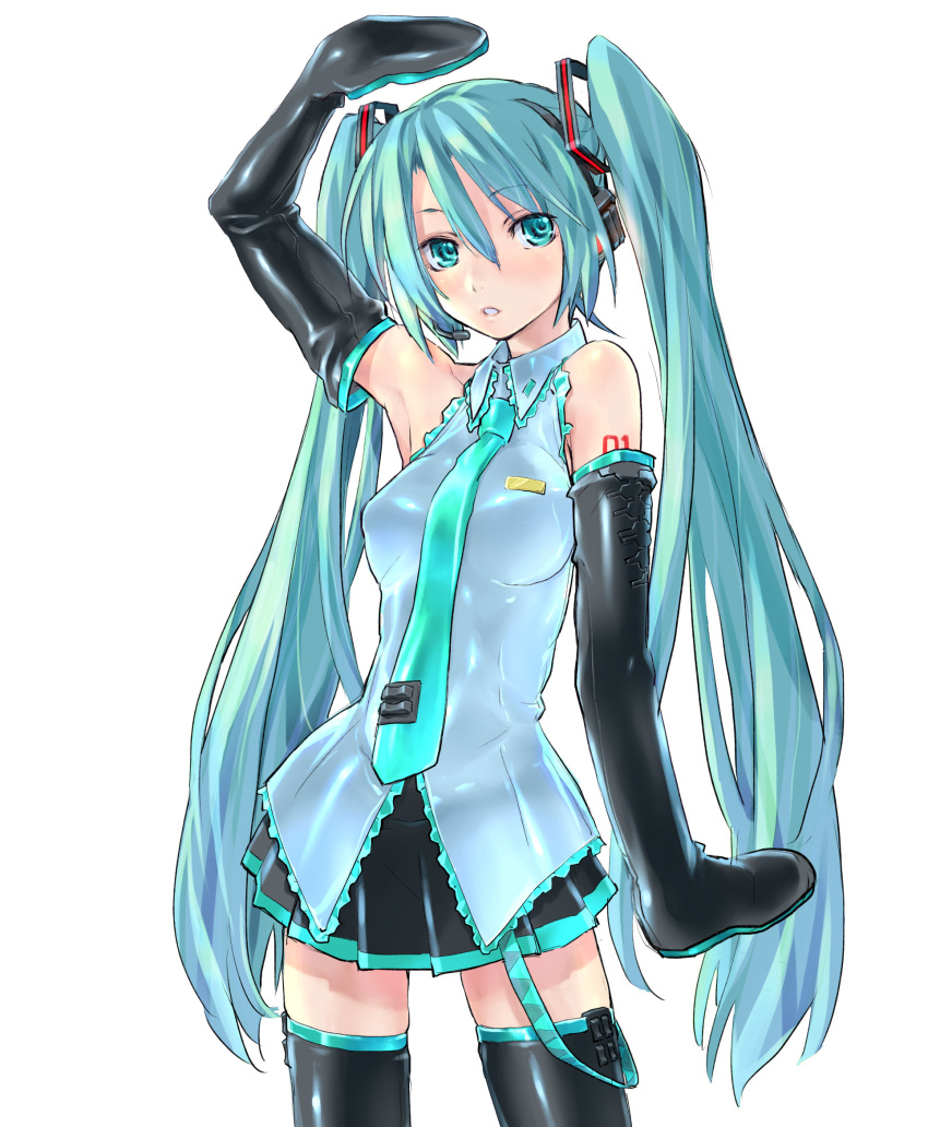 aqua_eyes aqua_hair arere boots commentary_request female hands_in_shoes hatsune_miku highres long_hair skirt solo thighhighs twintails vocaloid wardrobe_error