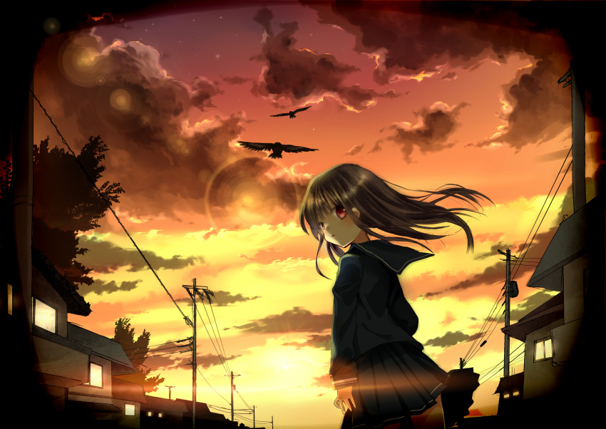 aihara_fuu bird brown_hair commentary_request evening expressionless female highres house long_hair looking_at_viewer looking_back original outdoors perspective pleated_skirt power_lines red_eyes road school_uniform serafuku skirt solo star_(sky) street sunset transformer utility_pole wind window