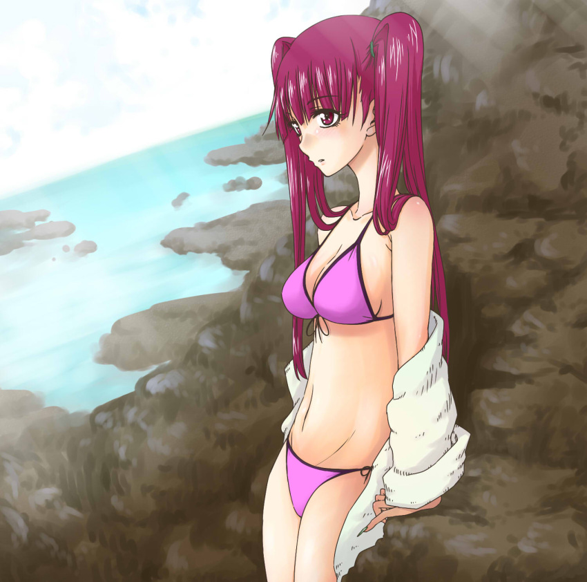 bleach breasts commentary_request dokugamine_riruka female fingernails hanya_(hanya_yashiki) highres long_fingernails long_hair nail_polish purple_eyes purple_hair solo swimsuit twintails