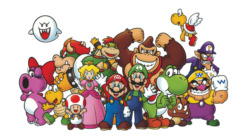 birdo boo bowser bowser_jr. crossed_arms donkey_kong facial_hair ghost goomba koopa_troopa luigi mario mario_(series) moustache nintendo official_art princess_peach smile super_mario_bros. toad_(mario) waluigi wario wink yoshi