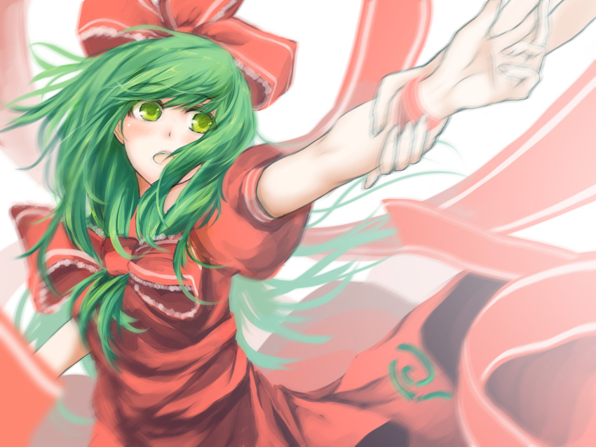 bow commentary_request female front_ponytail green_eyes green_hair hairbow hands highres kagiyama_hina long_hair metalwasabi open_mouth photoshop_(medium) puffy_sleeves short_sleeves solo touhou