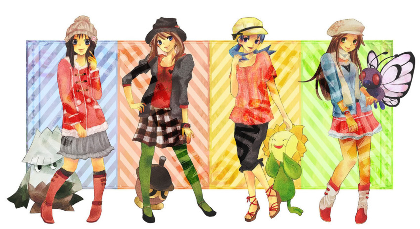 4girls alternate_costume bad_id bad_pixiv_id beanie butterfree checkered coat dawn_(pokemon) hat kris_(pokemon) kuruko_rin leaf_(pokemon) looking_down may_(pokemon) multiple_girls pantyhose photoshop_(medium) pokemon pokemon_(creature) pokemon_dppt pokemon_frlg pokemon_gsc pokemon_platinum pokemon_rse ribbon scarf seedot skirt snover standing sunflora winter_clothes