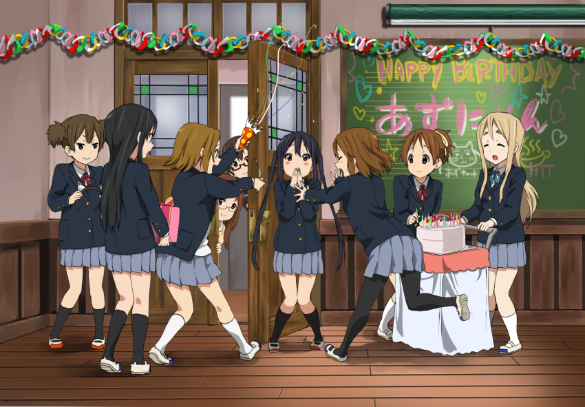 6+girls akiyama_mio cake chalkboard commentary_request food happy_birthday hirasawa_ui hirasawa_yui indoors k-on! kotobuki_tsumugi manabe_nodoka multiple_girls nakano_azusa pantyhose party_popper sakuragaoka_high_school_uniform school_uniform suzuki_jun tainaka_ritsu wainscoting watanore wooden_floor yamanaka_sawako