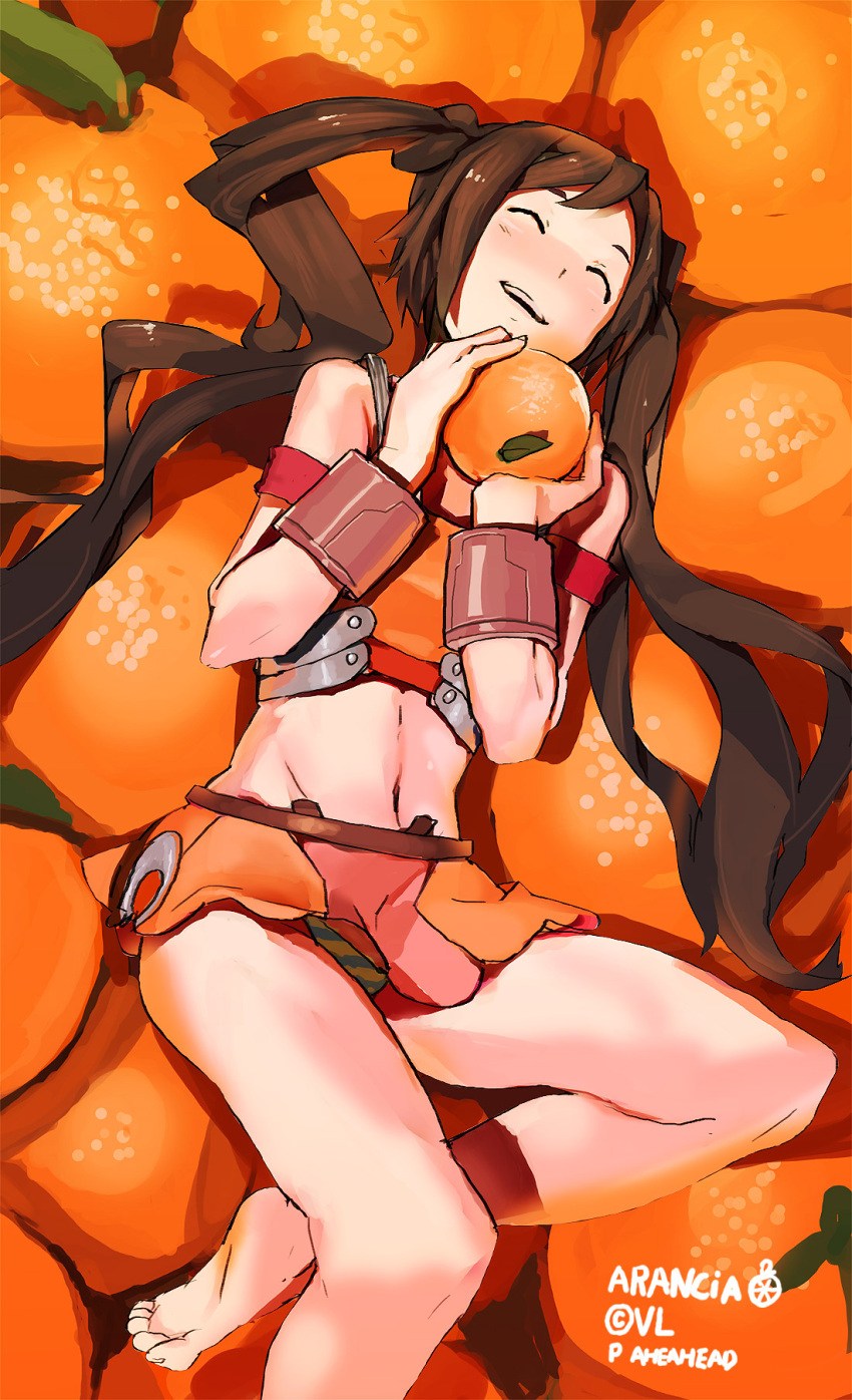 aheahead arancia armor barefoot blush bracelet breastplate brown_hair closed_eyes commentary_request female food fruit highres holding jewelry long_hair lying microskirt midriff on_back orange_(fruit) orange_skirt orange_theme original panties pantyshot shadow skirt smile solo striped_clothes striped_panties twintails underwear