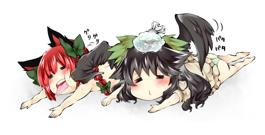 2girls =_= animal_ears barefoot bird_wings black_hair black_wings blush bow braid cat_ears closed_eyes commentary_request green_bow hairbow highres ice_pack kaenbyou_rin long_hair multiple_girls nanami_(nanami811) o3o open_mouth panties red_hair reiuji_utsuho side_braid single_braid striped_clothes striped_panties sweat tongue tongue_out touhou underwear wings