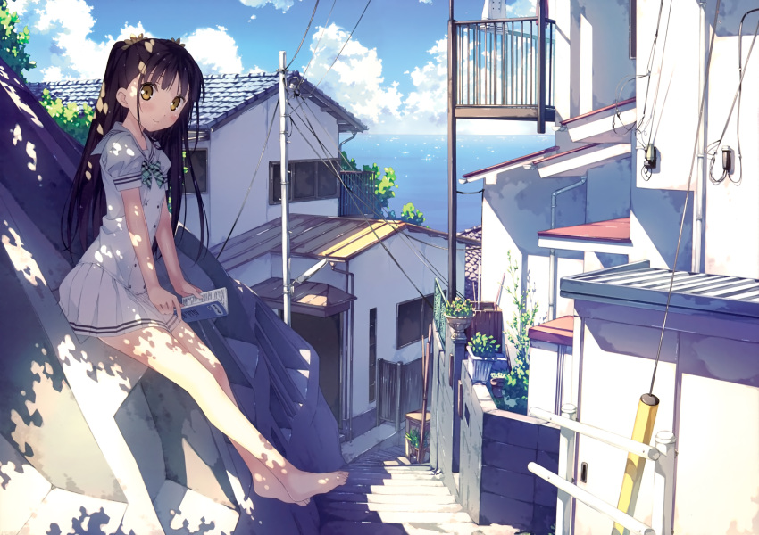 absurdres alley architecture bare_legs barefoot black_hair blue_sky blush book cloud dappled_sunlight day female highres house kantoku long_hair looking_at_viewer nagisa_(kantoku) ocean original outdoors photoshop_(medium) pleated_skirt retaining_wall scan scenery school_uniform shade sitting skirt sky smile solo stairs sunlight tree_shade two_side_up yellow_eyes