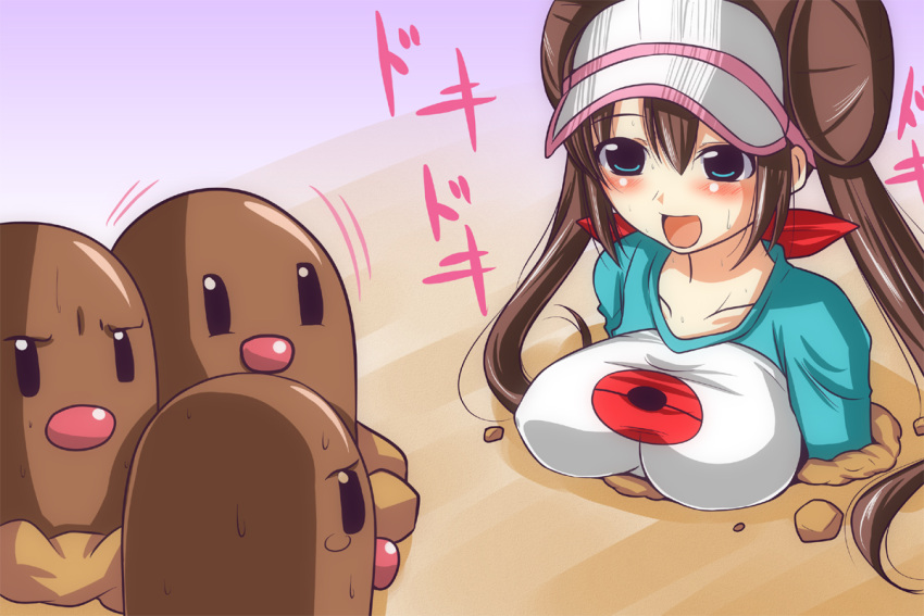 blue_eyes blush breasts brown_hair buried commentary_request double_bun dugtrio female hair_bun large_breasts long_hair nishi_koutarou open_mouth painttool_sai_(medium) pokemon pokemon_(creature) pokemon_bw2 raglan_sleeves rosa_(pokemon) twintails visor_cap