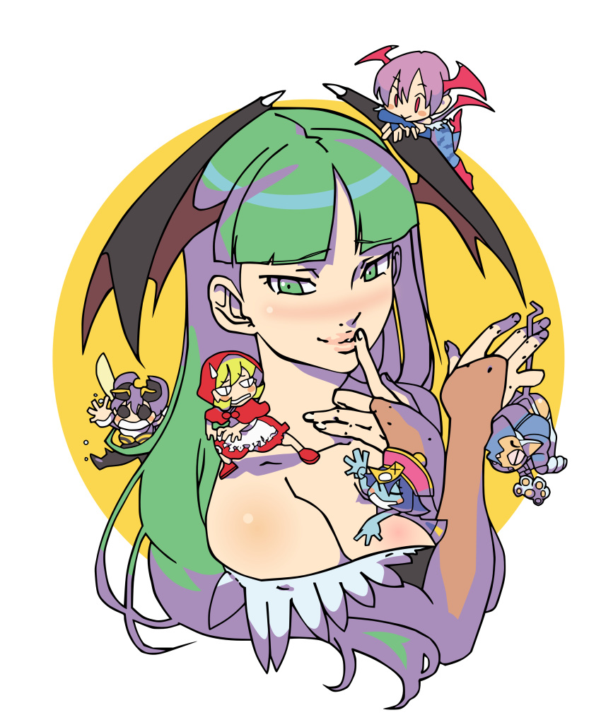 6+girls absurdres animal_ears antennae bat_wings between_breasts blue_hair blush breasts bulleta capcom cat_ears catgirl chibi darkstalkers demon_girl felicia green_hair head_wings highres lei_lei lilith_aensland long_hair looking_at_viewer minigirl morrigan_aensland multiple_girls namboku nanboku pantyhose purple_hair q-bee smile succubus sweatdrop transparent_background vampire_(game) vector vector_trace wings