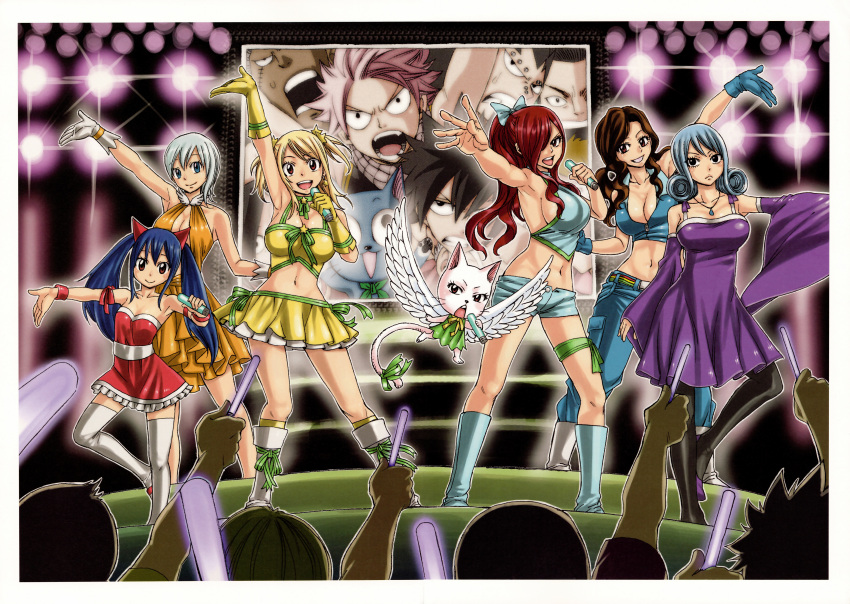 6+boys 6+girls :< :d absurdres armpits bare_shoulders belt black_hair blonde_hair blue_eyes blue_hair boots bow breasts brown_eyes brown_hair cana_alberona charle_(fairy_tail) cleavage crop_top denim dress elfman_strauss erza_scarlet fairy_tail fangs feline frills gajeel_redfox gloves glowstick gray_fullbuster grey_hair grin hair_ornament happy_(fairy_tail) highres idol jeans jewelry juvia_lockser large_breasts lisanna_strauss long_hair lucy_heartfilia mashima_hiro microphone midriff monitor multiple_boys multiple_girls natsu_dragneel navel necklace no_bra official_art open_mouth pants pantyhose pink_hair ponytail red_eyes red_hair ribbon scan scar short_hair short_shorts shorts sideboob skirt smile stage taut_clothes thighhighs twintails two_side_up wendy_marvell wings wristband