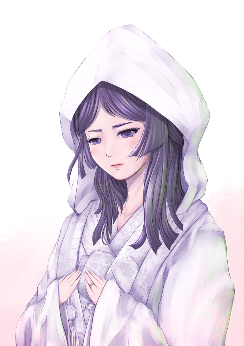 black_hair blush commentary_request female fire_emblem fire_emblem_awakening harihisa highres hood japanese_clothes jewelry kimono lipstick long_hair makeup photoshop_(medium) purple_eyes ring say'ri_(fire_emblem) shiromuku solo uchikake wataboushi wedding_ring white_kimono