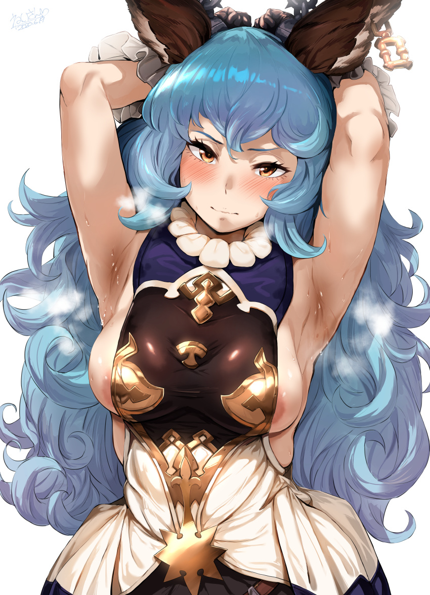 1girls 2020 absurdres animal_ears areola_slip areolae armpit_fetish armpits arms_behind_head arms_up artist_signature backless_outfit bangs blue_hair blush breasts bunny_ears bunny_girl closed_mouth dress erune female ferry_(granblue_fantasy) frilled_gloves frills gloves granblue_fantasy hero_neisan high_resolution highres jewelry long_hair looking_at_viewer medium_breasts open-back_dress sideboob sideless_outfit signature simple_background single_earring smell sweat wavy_hair white_background yellow_eyes