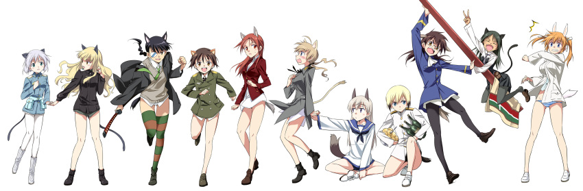 /\/\/\ 501st_joint_fighter_wing 6+girls absurdres agahari alcohol alternate_costume alternate_hairstyle animal_ears bare_legs bespectacled black_hair black_legwear black_pantyhose blonde_hair blue_eyes blush boots bottle braid brown_eyes brown_hair bunny_ears cat_ears cat_tail charlotte_e_yeager cosplay costume_switch dog_ears eila_ilmatar_juutilainen erica_hartmann everyone eyepatch fork fox_ears francesca_lucchini gertrud_barkhorn glasses green_eyes hair_down highres katana long_hair long_image lynette_bishop military military_uniform minna-dietlinde_wilcke miyafuji_yoshika multiple_girls necktie no_glasses oerba_yun_fang open_mouth panties pantyhose perrine_h_clostermann potato potatoes purple_eyes red_eyes red_hair running sakamoto_mio sanya_v_litvyak shoe_dangle short_hair silver_hair simple_background sitting standing_on_one_leg strike_witches striped striped_legwear striped_panties surprised sword tail thighhighs twintails underwear uniform v weapon white_legwear white_pantyhose wide_image wine yellow_eyes