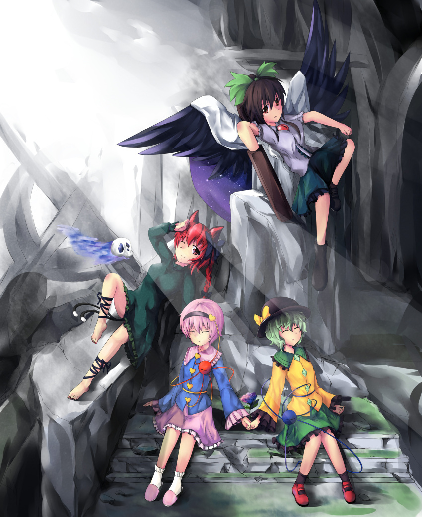 463_jun 4girls absurdres animal_ears arm_cannon asymmetrical_clothes bird_wings black_socks black_wings bow brown_hair cape cat_ears closed_eyes commentary dress flower green_hair green_skirt hair_ornament hat highres kaenbyou_rin komeiji_koishi komeiji_satori moss multiple_girls one_eye_closed open_mouth pink_hair red_eyes red_hair reiuji_utsuho shoes sitting skirt sleeping smile socks stairs third_eye touhou weapon wings