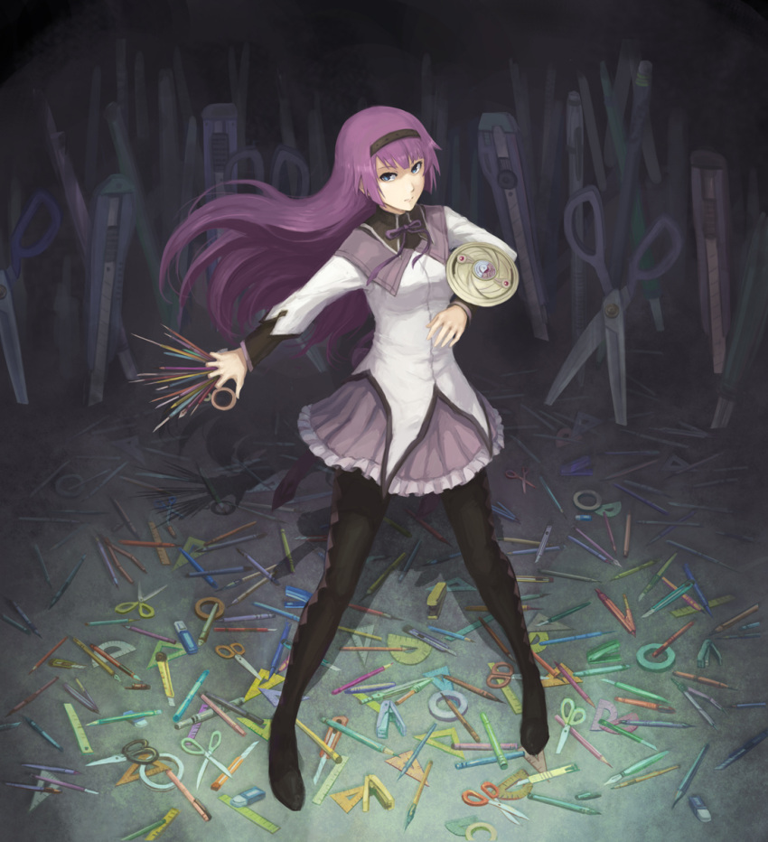 akemi_homura akemi_homura_(cosplay) akemi_homura_(magical_girl) bakemonogatari between_fingers black_pantyhose blue_eyes boxcutter commentary_request cosplay eraser fate/stay_night fate_(series) female field_of_blades full_body hairband haoni highres holding long_hair long_sleeves look-alike magical_girl mahou_shoujo_madoka_magica mahou_shoujo_madoka_magica_(anime) monogatari_(series) multiple_weapons multiple_wielding pantyhose pen pencil photoshop_(medium) planted purple_hair ribbon ruler saitou_chiwa scissors senjougahara_hitagi skirt solo standing stapler stationery tape too_many unlimited_blade_works_(fate) voice_actor_connection weapon