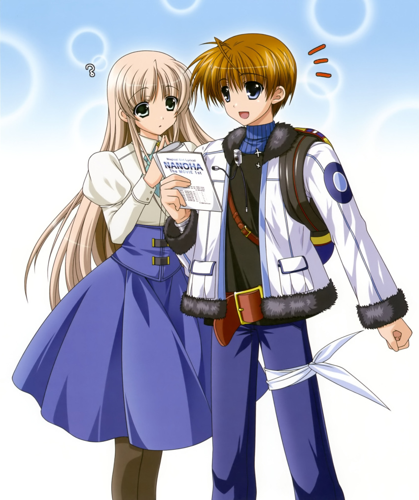 1boy :d :o ? absurdres backpack bag belt blue_eyes brown_hair female fur_trim higa_yukari highres jacket lily-strosek long_hair long_skirt lyrical_nanoha mahou_senki_lyrical_nanoha_force mahou_shoujo_lyrical_nanoha mahou_shoujo_lyrical_nanoha_the_movie_1st official_art open_mouth pantyhose script short_hair skirt smile steed_(nanoha) steepled_fingers thoma_avenir