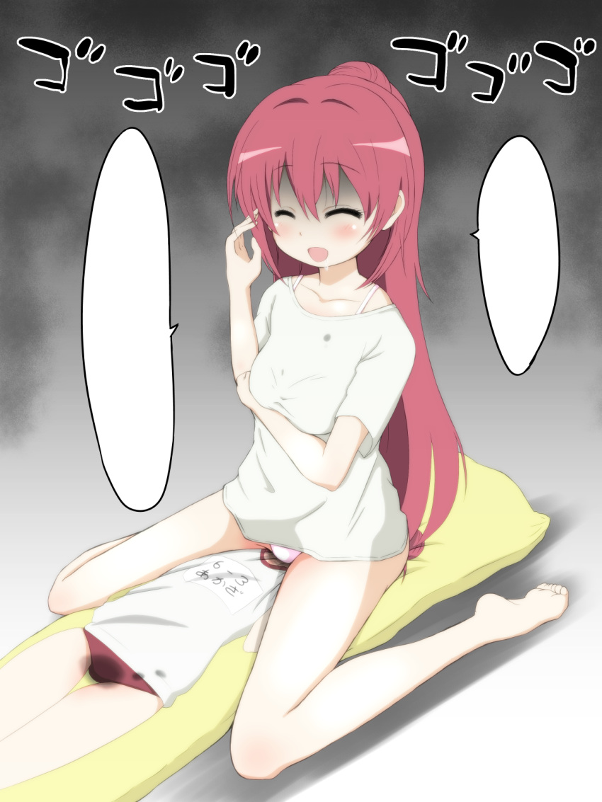 akaza_akane akaza_akari bad_id bad_pixiv_id barefoot blank_speech_bubble blush buruma closed_eyes dakimakura_(object) drooling female female_pervert gym_uniform hair_bun highres implied_yuri kneeling long_hair mizushima_(p201112) panties pervert pillow pink_panties red_hair saliva shaded_face single_hair_bun siscon solo speech_bubble underwear yuru_yuri