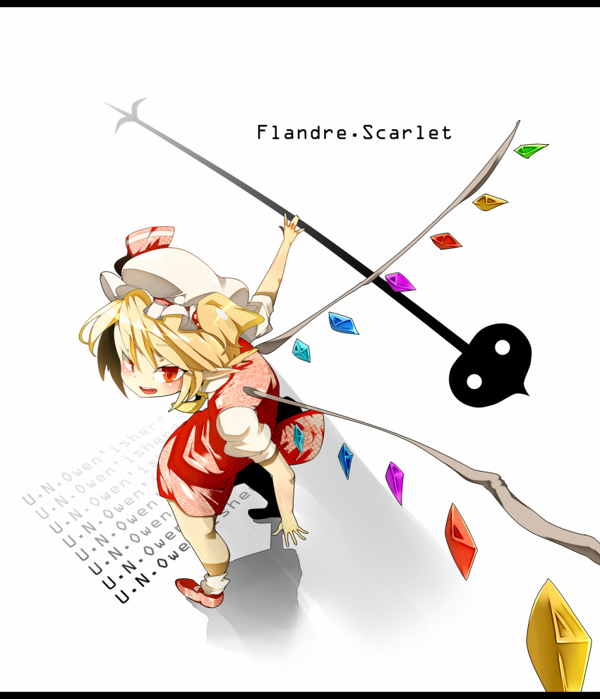 ascot blonde_hair character_name commentary_request crystal female flandre_scarlet hair_ribbon hat highres jinkou-kuu laevatein_(touhou) open_mouth pointy_ears puffy_sleeves red_eyes ribbon short_hair short_sleeves solo touhou wings