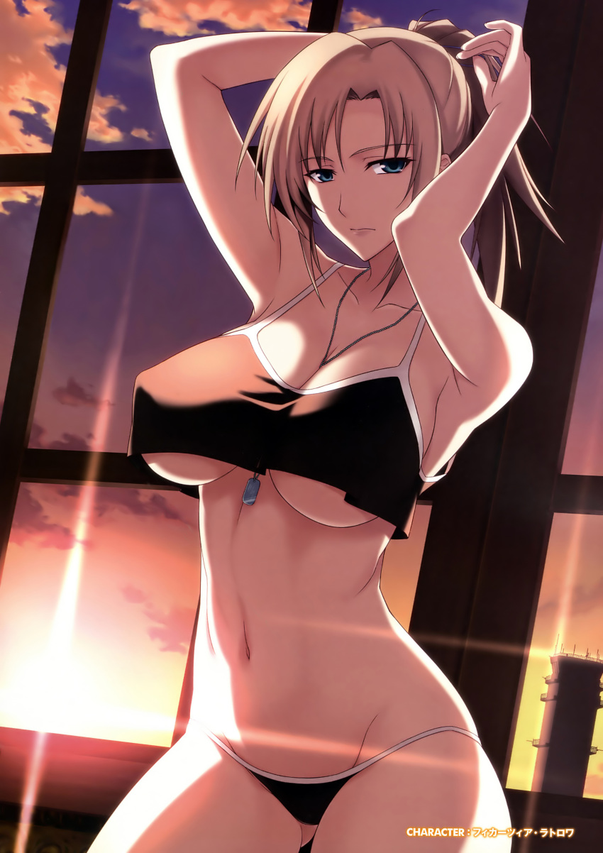 absurdres adjusting_hair arms_up bare_shoulders blonde_hair blue_eyes breasts camisole cleavage cloud collarbone crop_top dog_tags female fikatsia_latrova groin highres ishigaki_takashi large_breasts looking_at_viewer lowleg lowleg_panties muv-luv muv-luv_alternative muv-luv_total_eclipse navel no_bra panties photoshop_(medium) ponytail scan sky solo sunlight sunset tying_hair underboob underwear