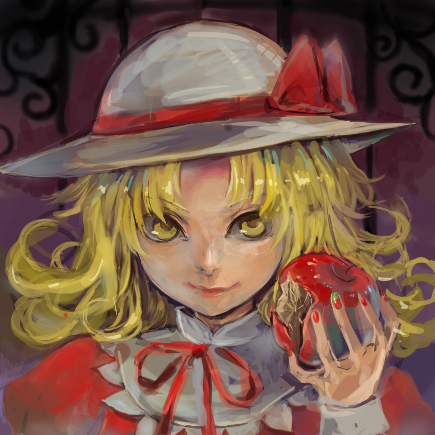 absurdres apple blonde_hair commentary_request elly_(touhou) female food fruit hat hat_ribbon highres nail_polish peninsula_(disappearedstump) portrait puffy_sleeves ribbon short_hair smile solo touhou touhou_(pc-98) yellow_eyes