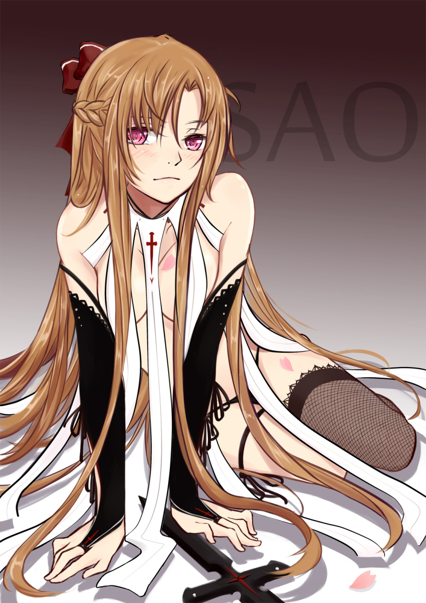 arm_support asuna_(sao) bad_id bad_pixiv_id blush breasts bridal_gauntlets brown_hair cleavage commentary_request cross detached_sleeves female fingerless_gloves gloves highres illusionk long_hair looking_at_viewer medium_breasts photoshop_(medium) red_eyes single_thighhigh sitting solo sword_art_online thighhighs