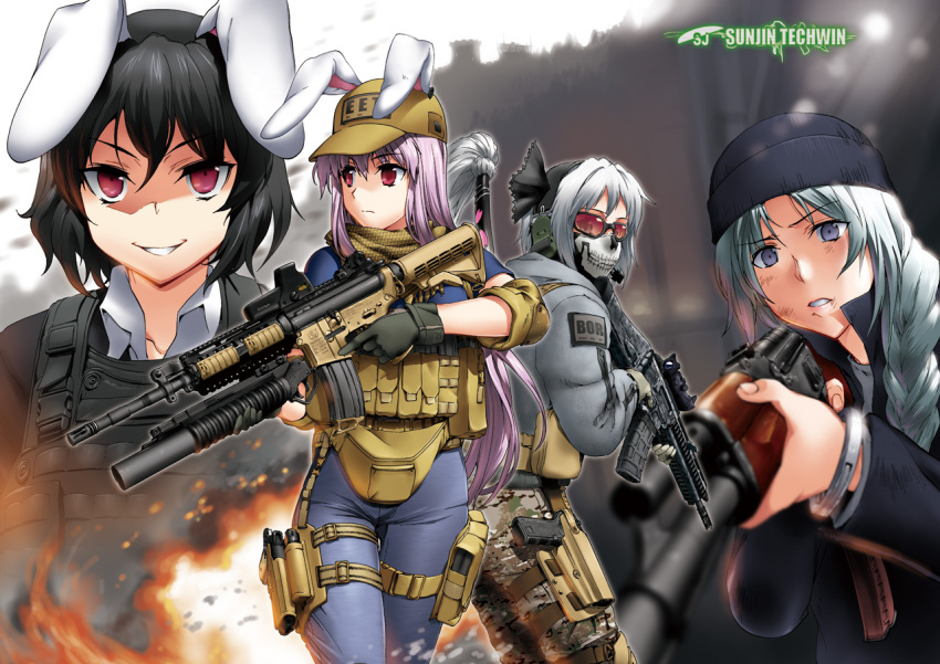 4girls adaptive_combat_rifle ak-74 alternate_costume animal_ears assault_rifle bad_id black_hair bulletproof_vest call_of_duty call_of_duty:_modern_warfare_2 cosplay evil_grin evil_smile ghost_(modern_warfare_2) ghost_(modern_warfare_2)_(cosplay) glock gloves grenade_launcher grey_hair grin gun hairband handgun hat henshako holding inaba_tewi kalashnikov_rifle katana konpaku_youmu long_hair m4_carbine mask military_operator mouth_mask multiple_girls photoshop_(medium) purple_hair rabbit_ears red_eyes reisen_udongein_inaba remington_arms rifle short_hair smile sunglasses sword thigh_strap touhou trigger_discipline underbarrel_grenade_launcher weapon yagokoro_eirin