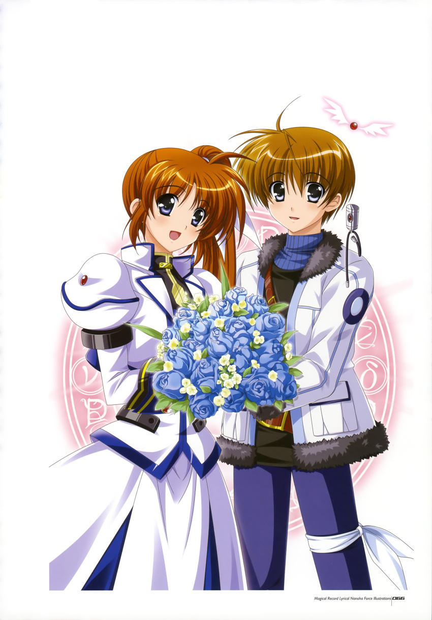 1boy :d absurdres belt blue_eyes blue_flower blue_rose blush bouquet brown_hair dress female flower fur_trim hair_ribbon higa_yukari highres jacket long_hair lyrical_nanoha magic_circle magical_girl mahou_senki_lyrical_nanoha_force official_art open_mouth purple_eyes raising_heart raising_heart_(standby_mode) ribbon rose scan short_hair side_ponytail smile steed_(nanoha) takamachi_nanoha takamachi_nanoha_(exceed_mode) thoma_avenir wings