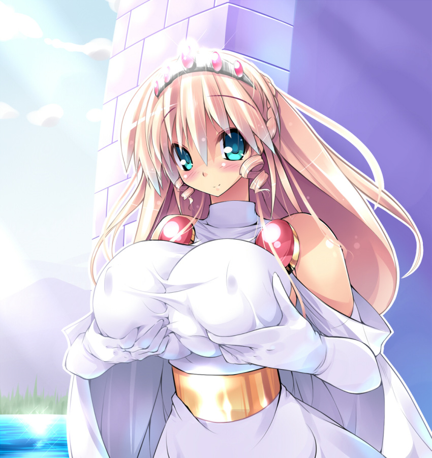 blonde_hair blue_eyes braid breast_hold breasts closed_mouth commentary_request coryoon dress elbow_gloves female gloves grabbing_own_breast hairband half_updo highres huge_breasts long_hair looking_at_viewer princess_(coryoon) scatter_milk smile solo upper_body white_dress white_gloves