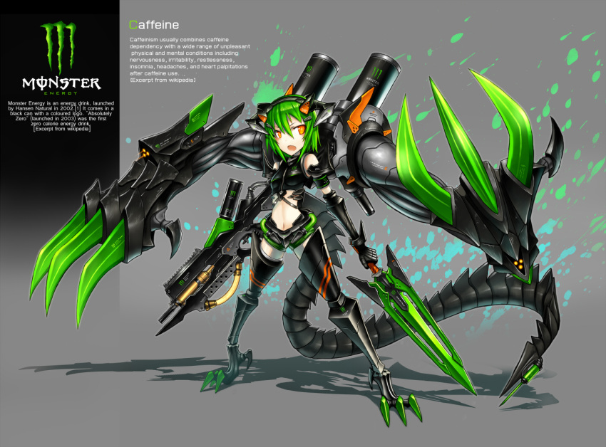 armor asymmetrical_dual_wielding caffeine claw_(weapon) claws commentary_request female full_body gia glowing glowing_eyes green_hair gun holding holding_gun holding_sword holding_weapon mecha_musume mechanical_legs mechanical_tail monster_energy multiple_weapons open_mouth orange_eyes original personification product_placement science_fiction short_hair solo sword tail weapon