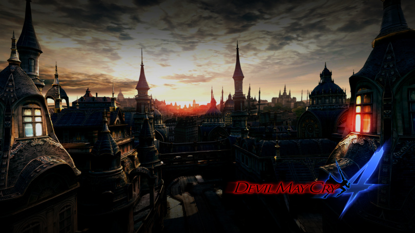 3d building city cloud copyright_name devil_may_cry_(series) devil_may_cry_4 dusk logo no_humans official_art official_wallpaper photoshop_(medium) scenery sky source_request text_focus tower tsuchibayashi_makoto window yoshikawa_tatsuya