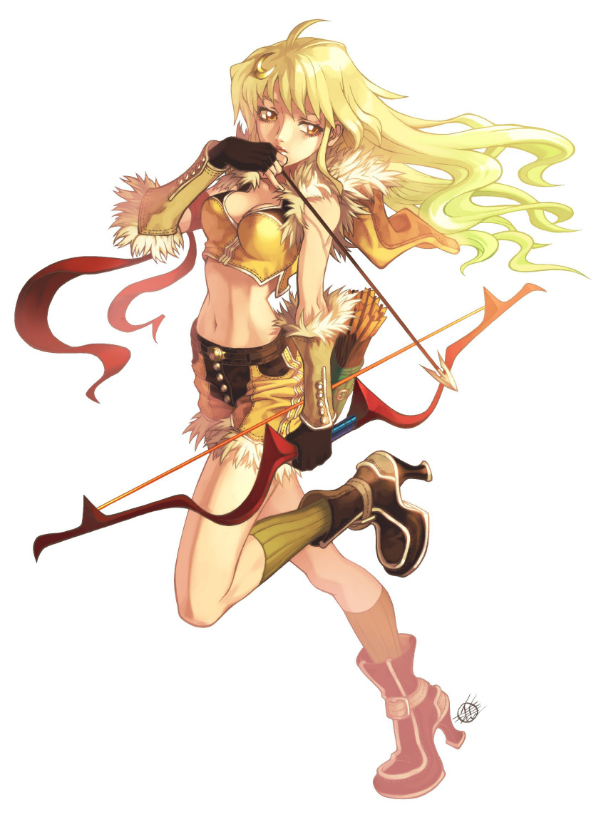 absurdres archer_(ragnarok_online) arrow blonde_hair bow_(weapon) breasts cleavage female female full_body gold high_heels highres marksman navel pants quiver ragnarok_online shoes short_pants sniper solo weapon yellow yellow_eyes