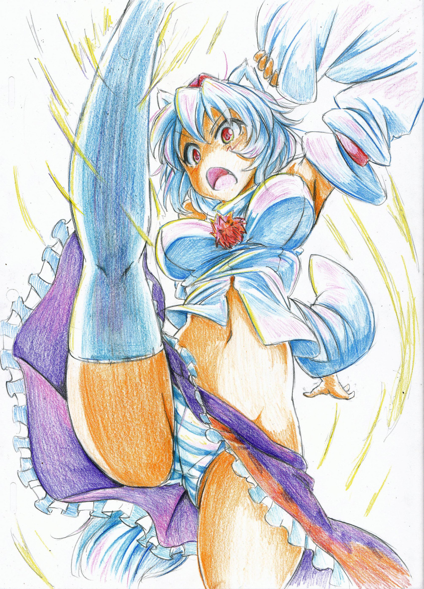 absurdres axe_kick bad_id bad_pixiv_id breasts colored_pencil_(medium) detached_sleeves female flexible grey_hair hat high_kick highres inubashiri_momiji kicking kitazinger large_breasts legs open_mouth panties pantyshot photoshop_(medium) red_eyes short_hair solo split standing standing_on_one_leg standing_split striped_clothes striped_panties tokin_hat touhou traditional_media underwear