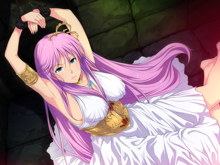 angry armpits arms_up athena bare_arms bare_shoulders barefoot blue_eyes breasts cuffs dress feet female hair_ornament highres jewelry kido_saori large_breasts legs long_hair looking_at_viewer lots_of_jewelry pink_doragon purple_hair raised_eyebrows restrained saint_seiya saint_seiya:_the_lost_canvas sasha_(saint_seiya) sitting slave sleeveless solo sweat thighs white_dress