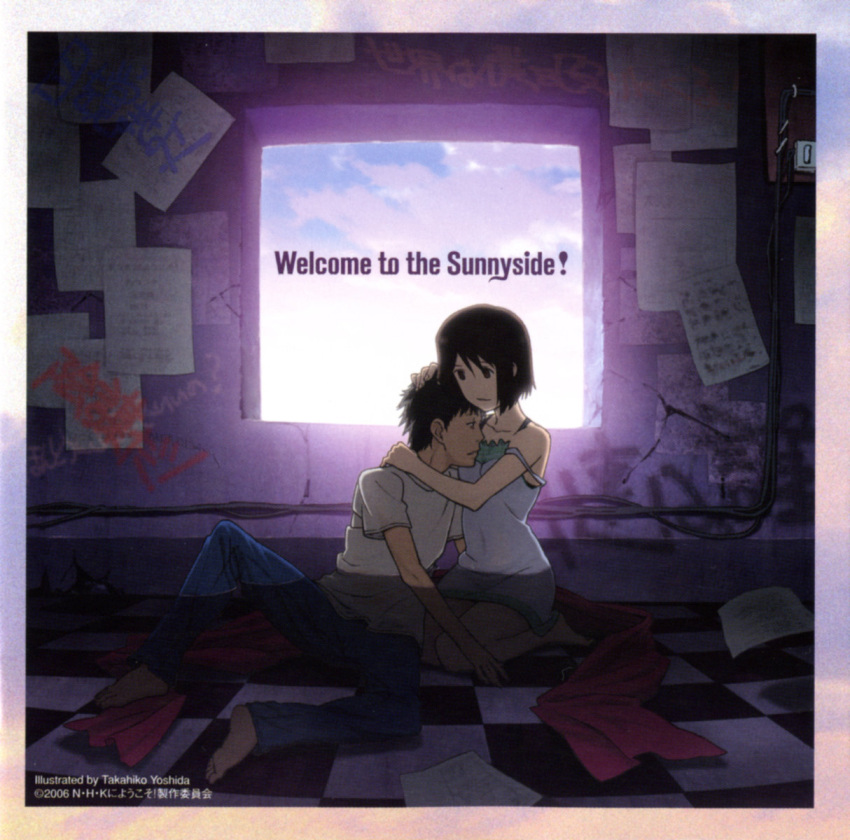 1boy 2006 album_cover barefoot black_hair checkered_floor chemise cover english_text female highres hug nakahara_misaki nhk_ni_youkoso! official_art partially_submerged satou_tatsuhiro scan seiza short_hair sitting sky strap_slip water yoshida_takahiko