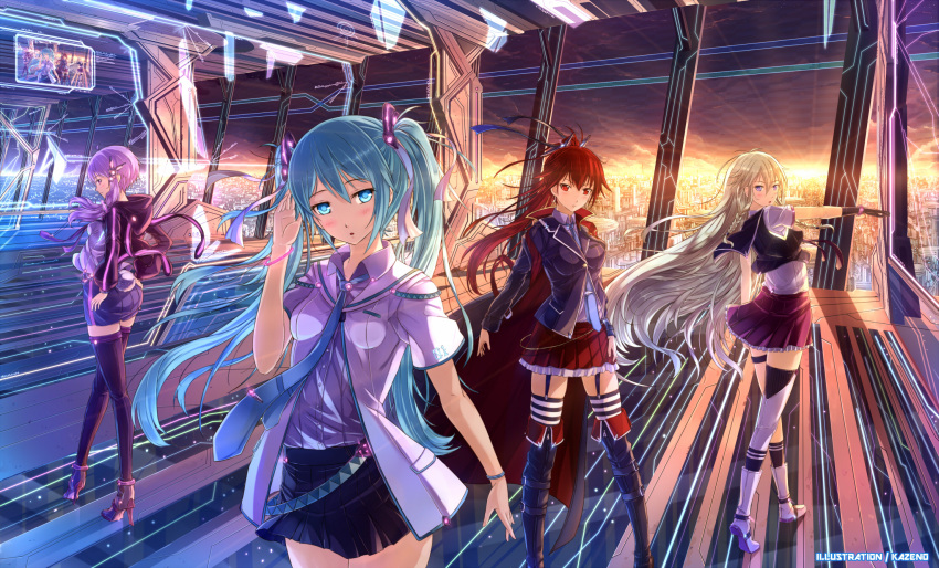 4girls aqua_eyes aqua_hair artist_name blonde_hair blue_hair blush bracelet commentary_request cul garter_straps green_eyes grey_hair hatsune_miku highres ia_(vocaloid) jewelry kazeno long_hair looking_at_viewer multiple_girls necktie outstretched_arm purple_hair recursion red_hair short_hair_with_long_locks shorts sidelocks skirt striped_clothes striped_thighhighs sunlight thighhighs twintails vertical-striped_clothes vertical-striped_thighhighs very_long_hair vocaloid voiceroid yuzuki_yukari zettai_ryouiki